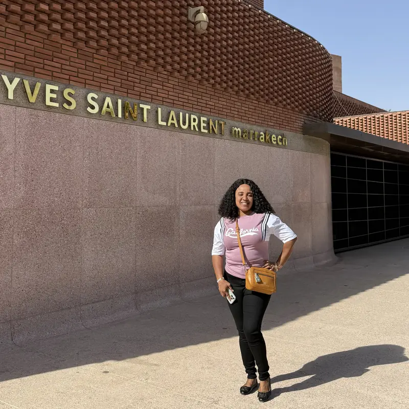 A traveller posing outside the Yves Saint Laurent Museum in Marrakech