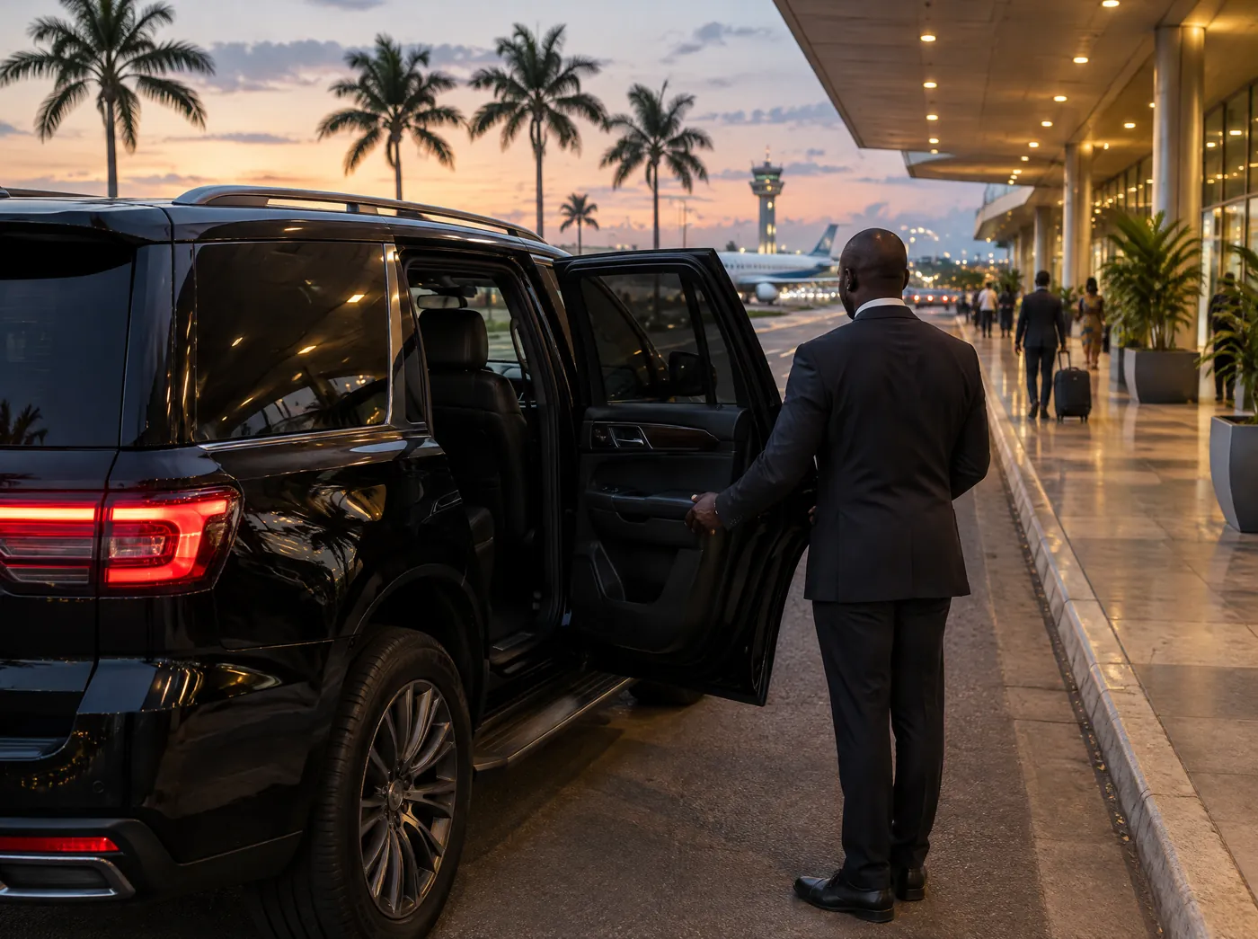 A chauffeur holds open the door of a black SUV at airport arrivals