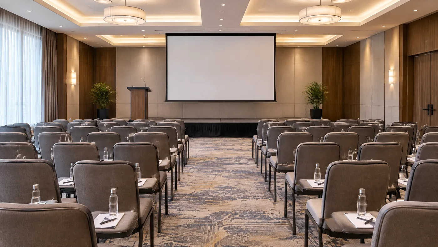 A conference hall set with rows of chairs facing a stage and screen