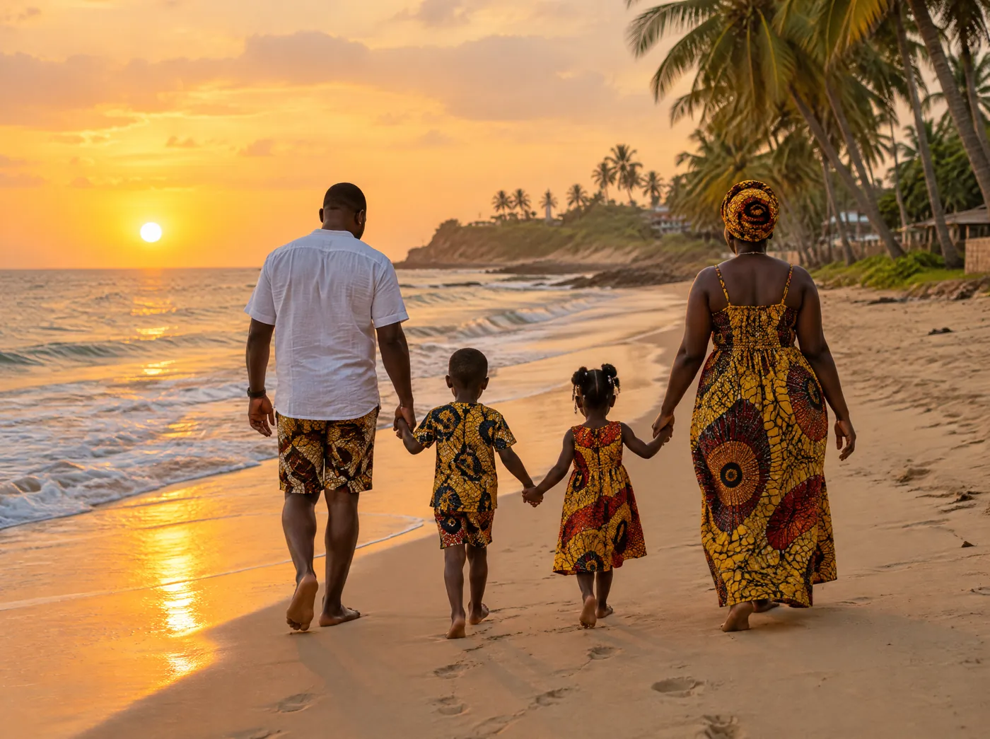 A family walks hand in hand along a beach at sunset