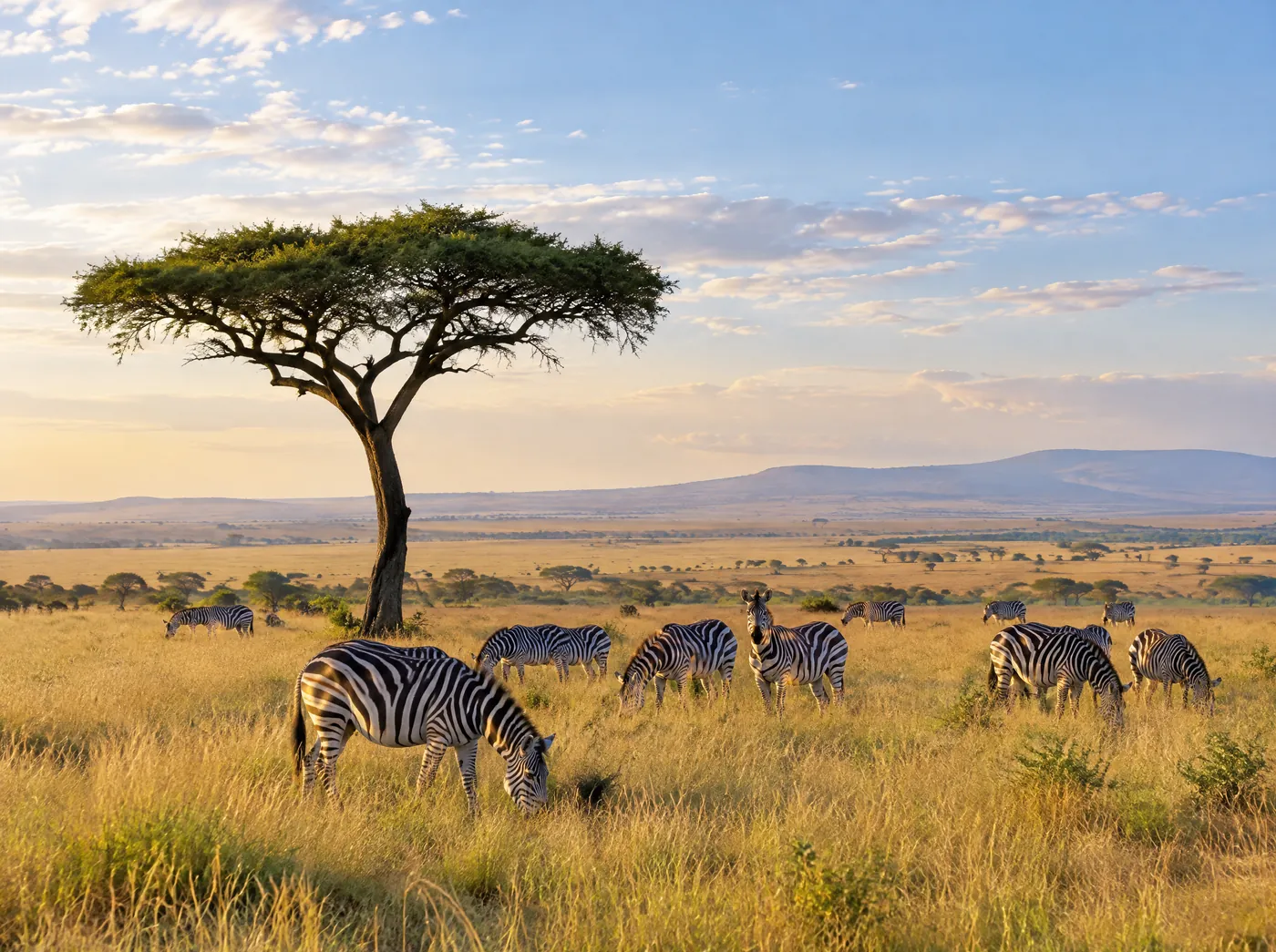 Zebras grazing near an acacia tree on the Maasai Mara plains